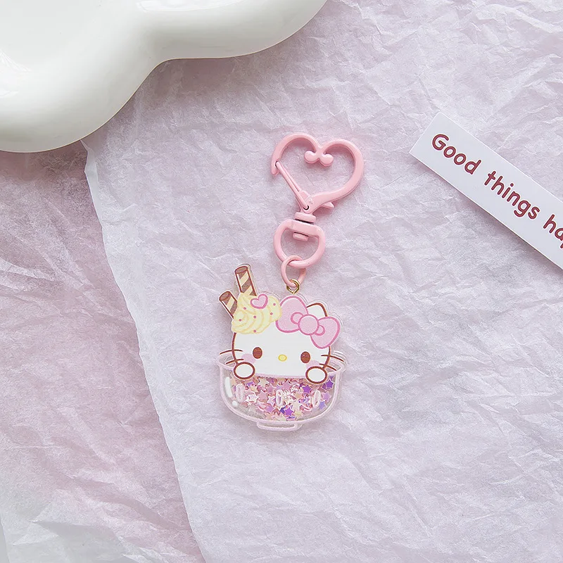 

kawaii Sanrio Kuromi Hello Kitty Keychain Car Keyring Cute Cinnamoroll Quicksand Sequins Luminous Portable Pendant Accessories