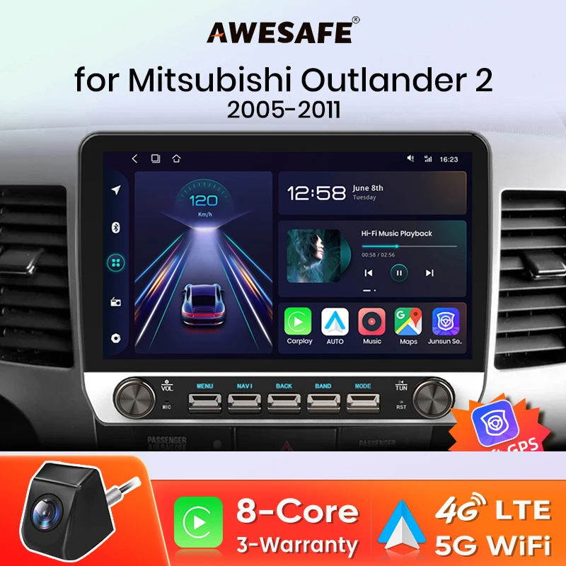 AWESAFE Radio de coche para Mitsubishi Outlander xl 2 2005-2011 Citroen c-crosser inalámbrico Carplay Android Auto botones estéreo GPS 4G 1