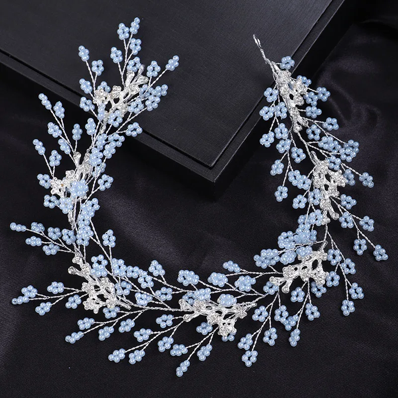 Luxury Handmde Blue Green Pearl Rhinestone Bridal Headband Women Headpiece Guest Wedding Headdress Hair Accessories Party Tiaras