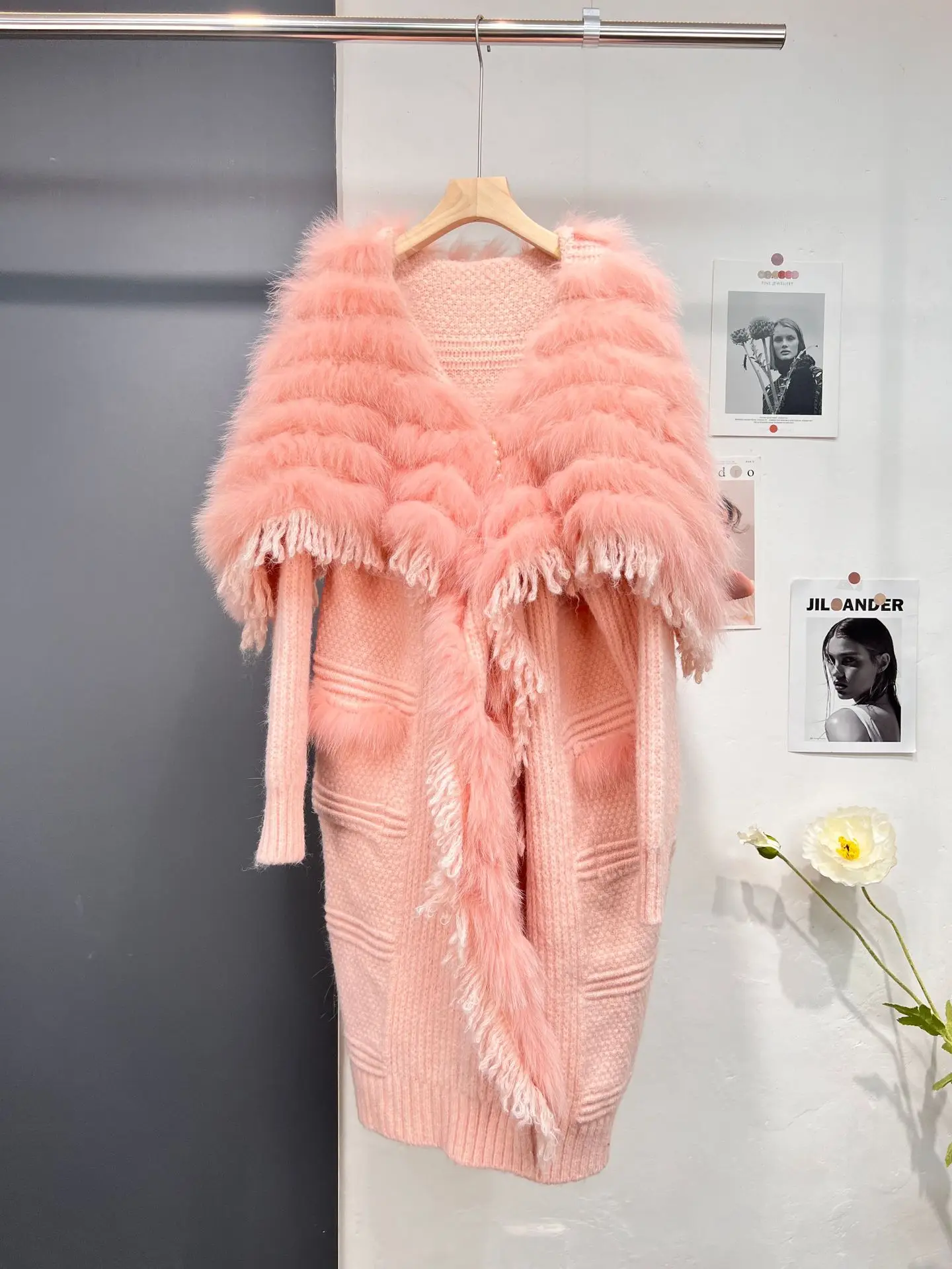 

2023 Women Real Fox Fur Knitting Coat Autumn and Winter Fox Fur Collar Decoration Lady's Fashion Long Sweater Length 110cm