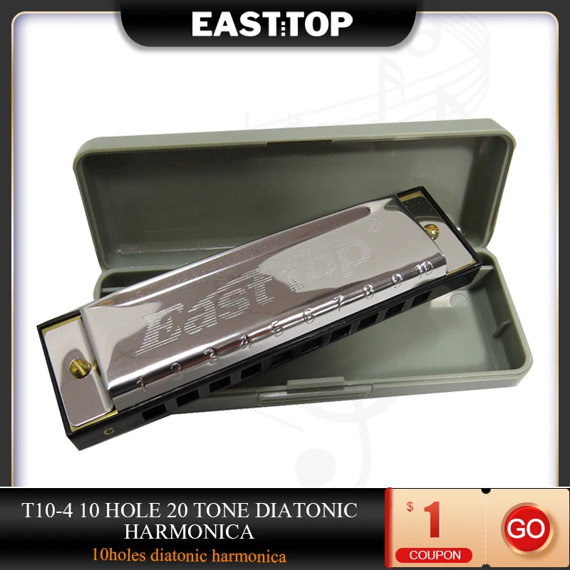 

EASTTOP T10-4 10 Hole 20 Tone Diatonic Harmonica Stainless Steel Covers Major C In Custom Harmonica Case