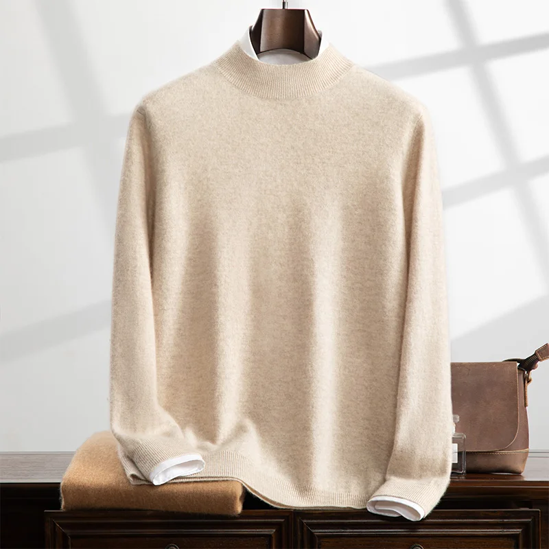 100% Cashmere Men's Sweater Spring Autumn New Thin Top Knitted Half High Collar Pullover Solid Color Long Sleeve Bottom Shirt 3