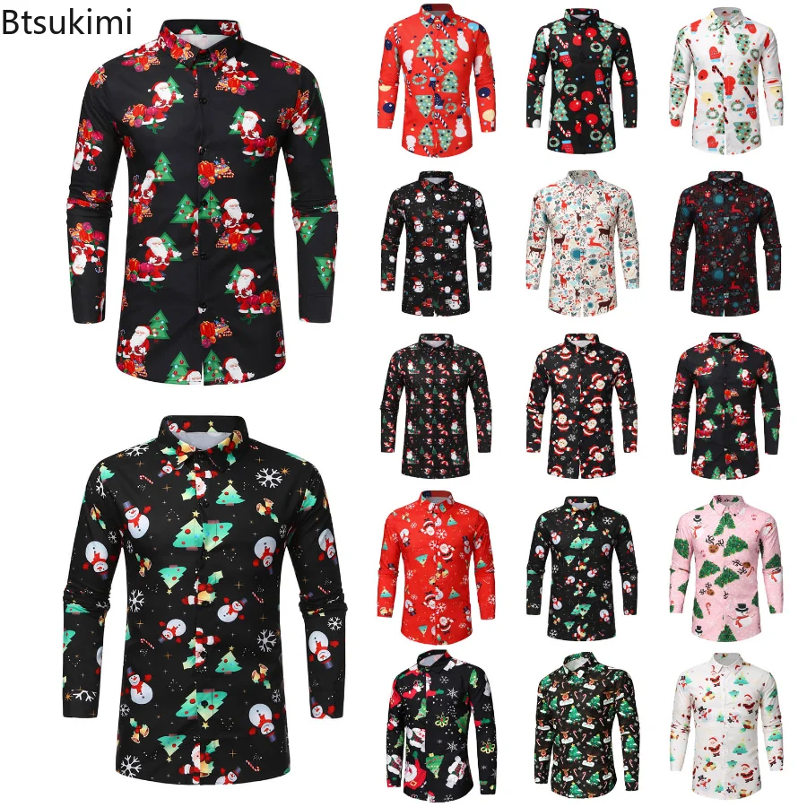 New 2023 Men Long Sleeve Shirt Christmas Shirt Banquet Holiday Printed Tops Cartoon Men Long Sleeve Festival Party Shirts Male