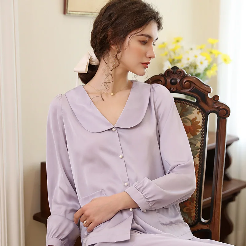 SXTHAENOO New French Fashion Ice Silk Pajamas For Women Retro Loose Long Sleeve Pants Sleepwear Sets ensemble femme 2 pièces