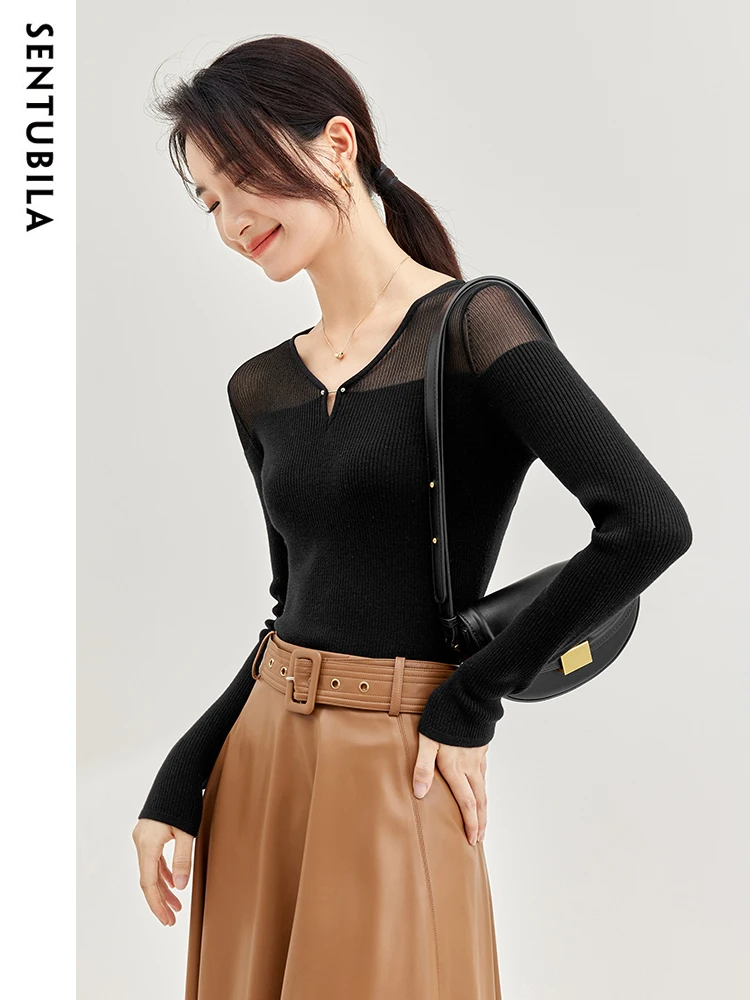 

Sentubila Spring Fashion Long Sleeve Knit Top Woman Pullovers 2024 High Strecth Slim Soft Female Knitwear Clothing W33H51662