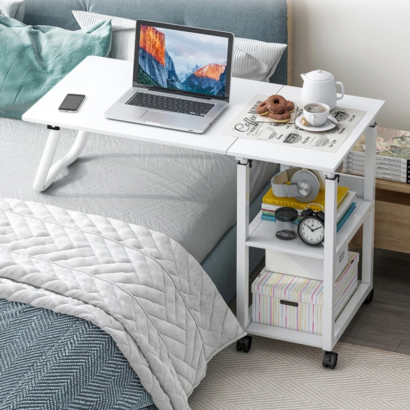 Movable Lift Bedside Table Foldable Laptop Table for Bed Multi-layer Storage Desk Sample Study Desk Versatile Workstation Desk