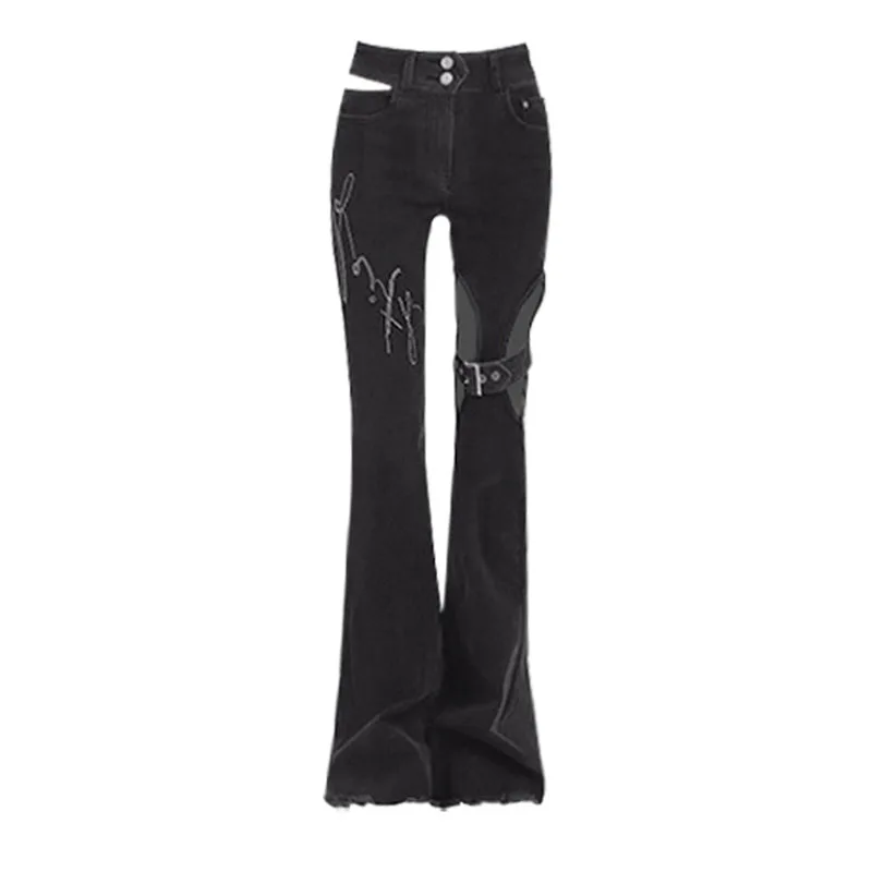 

2023 Autumn 90s Hollowed Out Jeans Women Vintage Black Denim Flare Pants Streetwear High Waist Mom Trouser Harajuku Y2K Pants