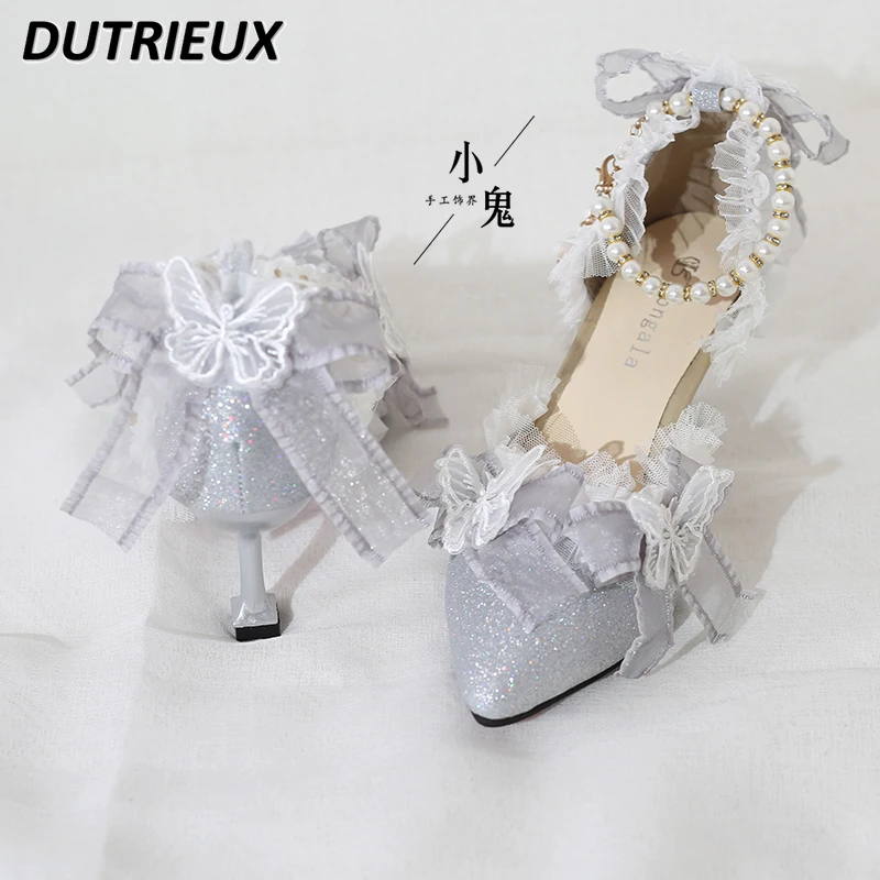 

Туфли-лодочки женские на высоком каблуке, элегантные кружевные, с бантом-бабочкой, свадебная обувь в Стиле Лолита, лето