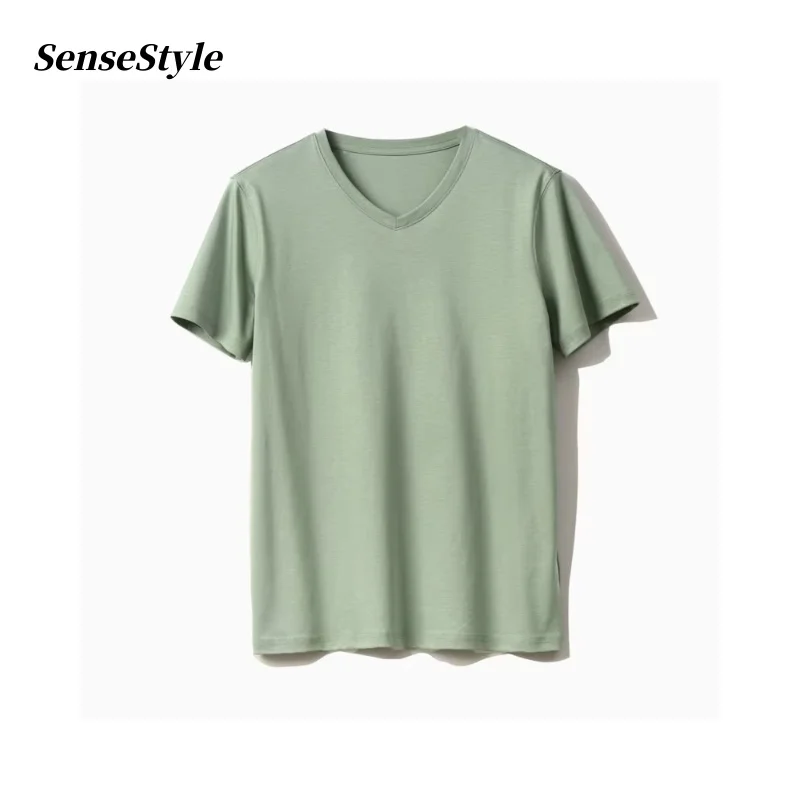 Men T Shirt Summer Mulberry Silk Mercerized Cotton V-neck Loose Short Sleeve 7%Silk