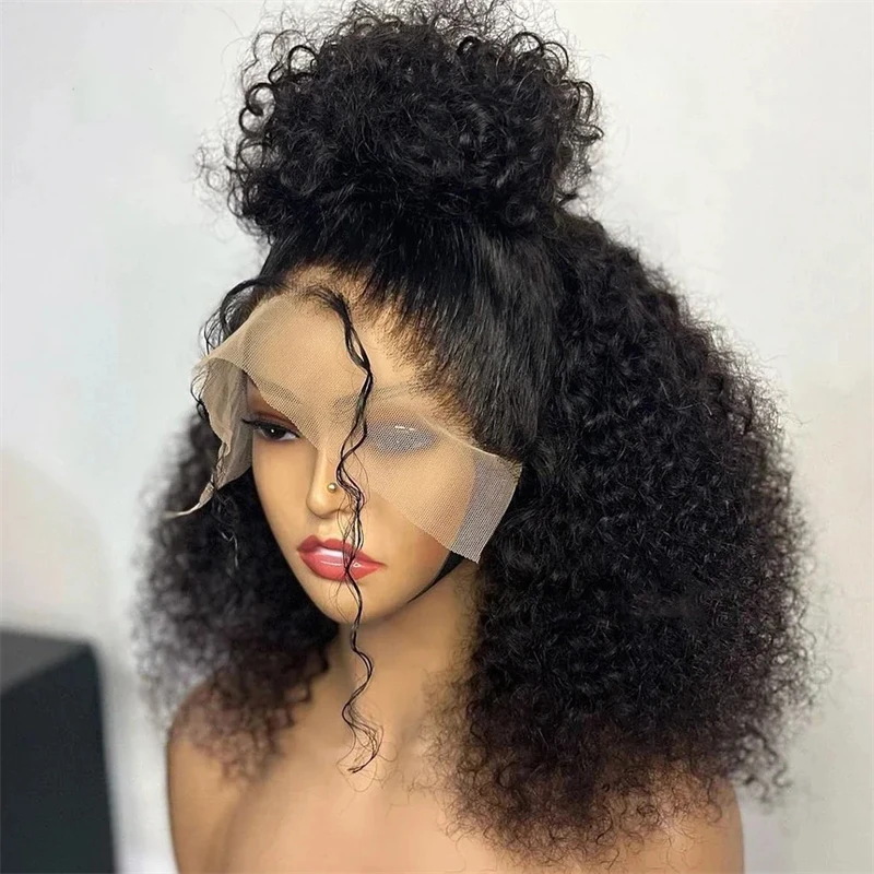 

Soft 16 “ Short Bob Kinky Curly Black 180Density Lace Front Wig For Women Babyhair Preplucked Heat Resistant Glueless Daily