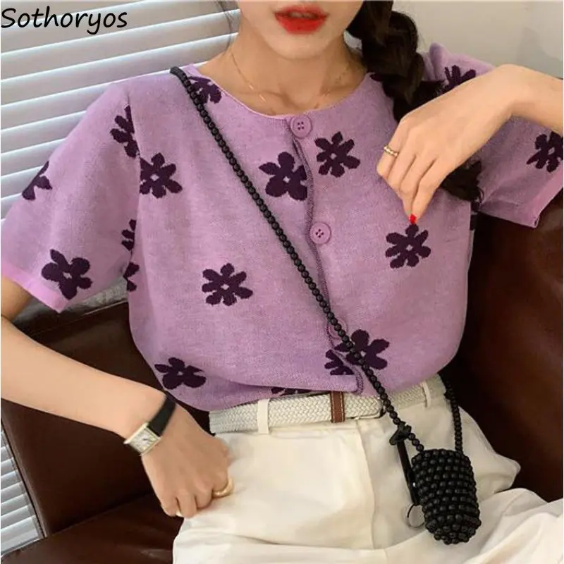 

Short-sleeve Cardigans Women Summer Sweet Floral Design Chic College Cozy O-neck Gentle Vintage Casual French Style Fashion Y2k