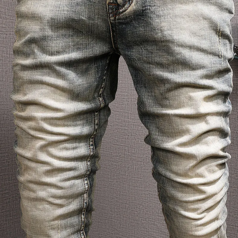 Italian Style Fashion Men Jeans Retro Stretch Slim Fit Ripped Jeans Men Vintage Designer Winter Velvet Warm Denim Pants Hombre