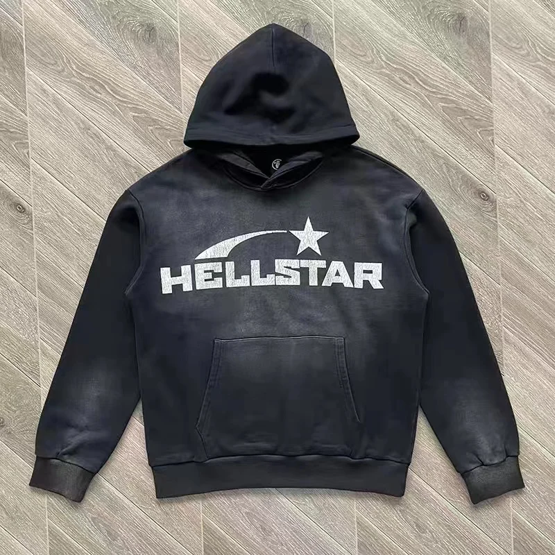 

2023 Oversize Hellstar Vintage Wash Black Hoodie High Street 1:1 Letter Printed Men Women Sweatshirt Long Sleeve Pullover