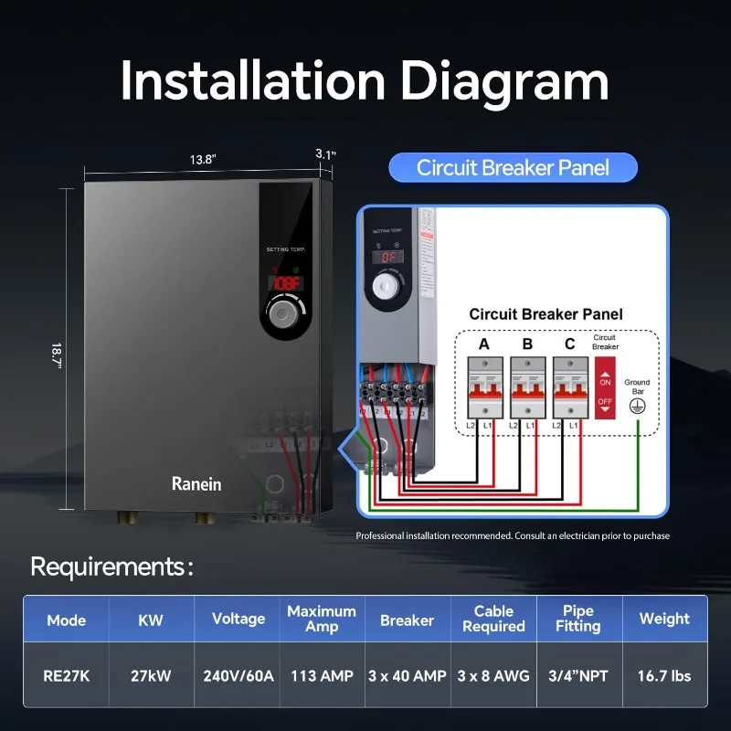 Electric Tankless Water Heater, 27kW 240V on Demand Instant Endless Water Heater with LED Temperature Display for Residential
