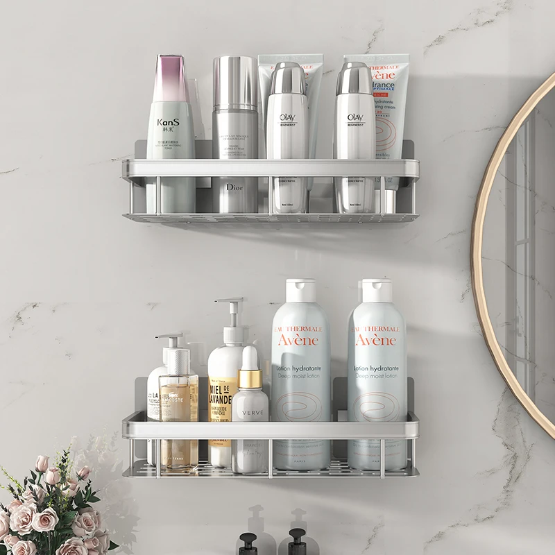 Bathroom Shelf No Drilling Sticker Wall Mounted Rack Hanger Space Aluminum Makeup Organizer Storage Square Basket Bath Shelves storage rack bathroom shelf bathroom shelf rack bathroom storage rack wall shelf organizer wall shelf