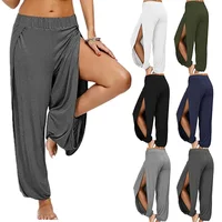 Summer High Slit Haren Pants for Women Sports Yoga Pants Solid Loose Hippie Harem Wide Leg Pants Trousers - Image 2