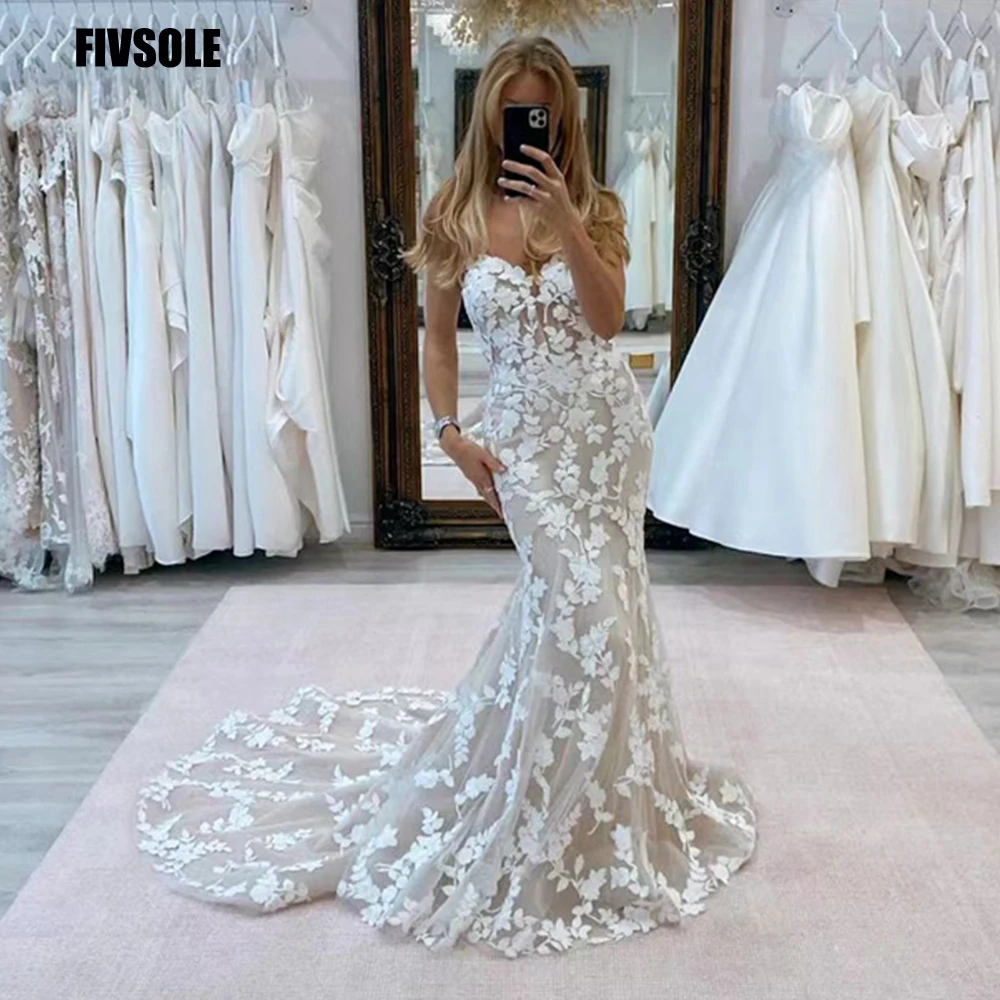 

Fivsole Sweetheart Mermaid Wedding Dress Tulle Lace Appliques Sweep Train Bridal Gowns Fashion Amanda Novias Vestido De Novia