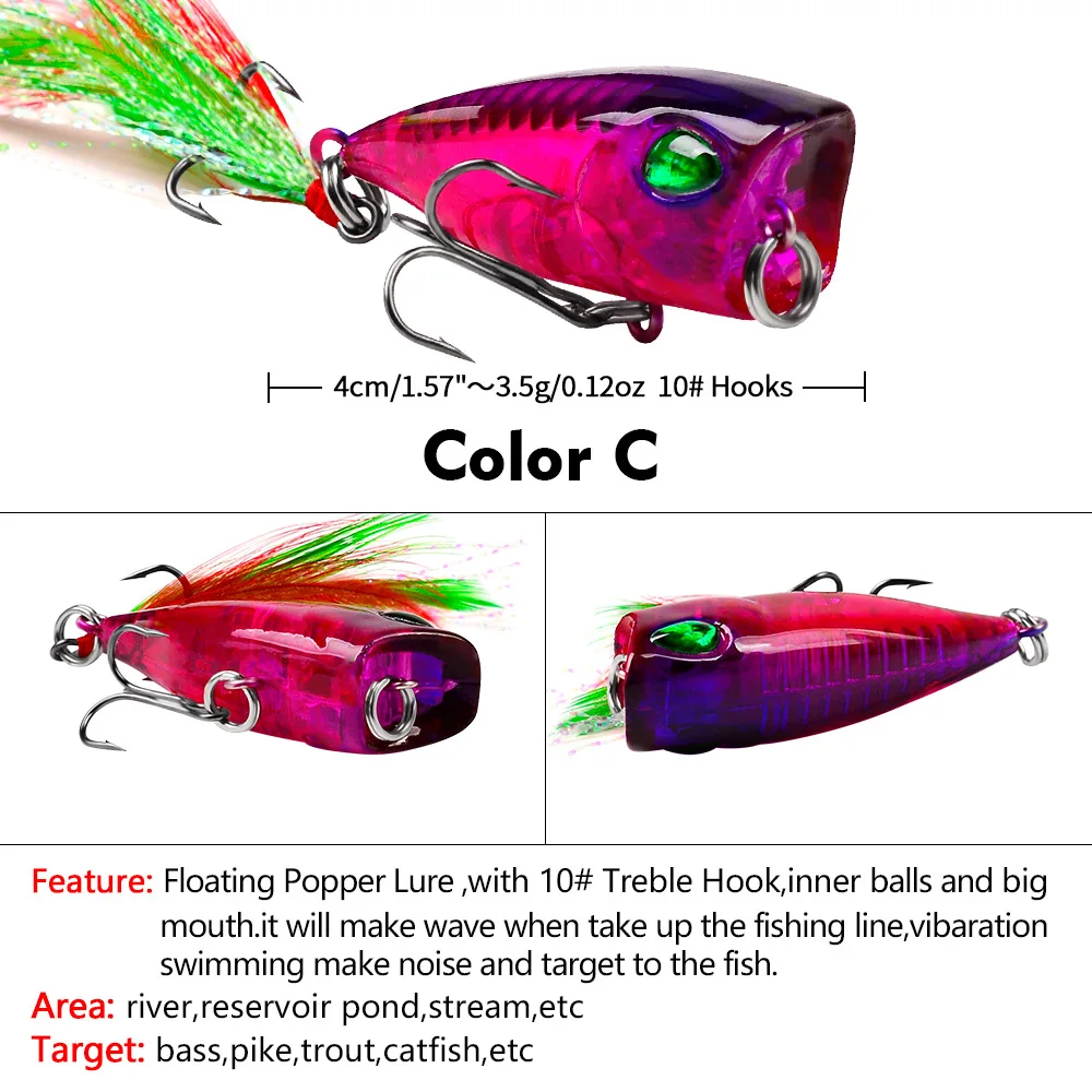 4g Feathered Popper Lure Hard Plastic Topwater Bait, Bass