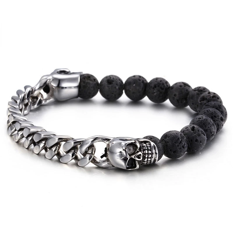 

Black Lava Stone Skull Charm Tiger Eye Beads Bracelet for Men Women Braided Skeleton Bracelets Handmade Stainless Steel Jewelry