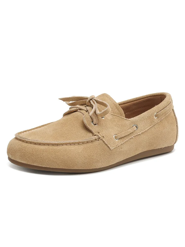2025 NEW Trend Women Flat Shoes Genuine Leather Spring Autumn Lady Casual Lace Up Shoes Oversizes Size Apricot Brown Women Flats 3