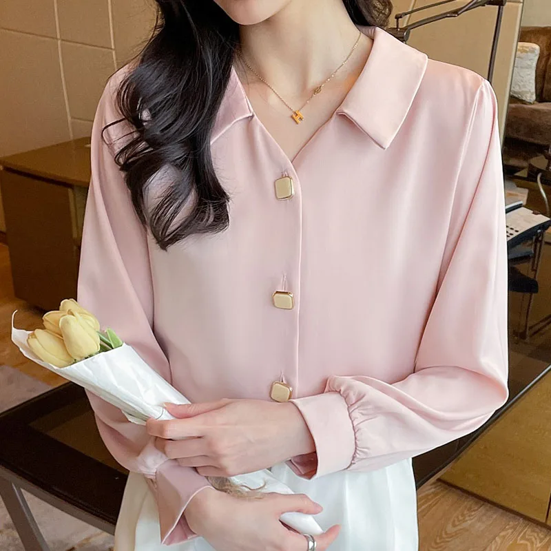 Blusas Femininas Com Frete Gratis 2022 Elegantes Women's Long Sleeve Top V-neck Chiffon Shirts for Women Clothing White Pink spring long sleeve print flower retro dress women midi robe de soirée sirene femme longue vestidos femininos frete grátis k5058