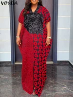 Plus Size 5XL VONDA Women Long Maxi Dress Vintage Indie Folk Patchwork Printed Vestidos 2025 Summer Sundress Party V-Neck Robe