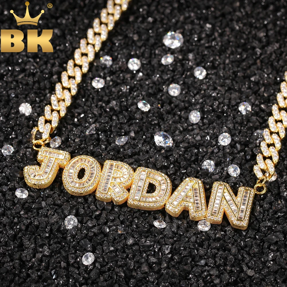 TBTK DIY Small Baguettecz Letter Pendant Necklace  With 9MM Cuban Chain Necklaces Zirconia For Women And Men Jewelry