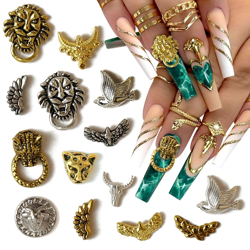 

100pcs Retro Punk Nail Charms Alloy Peace Pigeon Wings Nail Art Charms Jewelry Leopard/Bull/Sheep Animal Head Charms for Nails