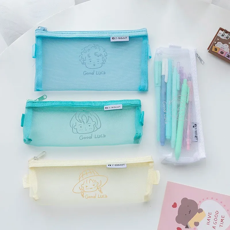 Estuche de lápices de malla transparente Kawaii, estuches de lápices para estudiantes de oficina, suministros escolares de nailon, caja de bolígrafos, bolsa almacenamiento de cosméticos _ - AliExpress Mobile
