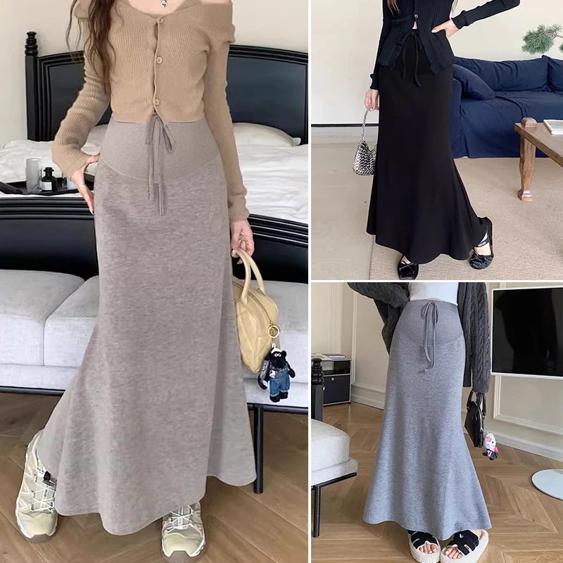 Korean Style Maternity Knitting Dress High Waist Drawstring Fashion Pregnant Woman Fishtail Skirt Slim Pregnancy Maxi Skirt 88cm