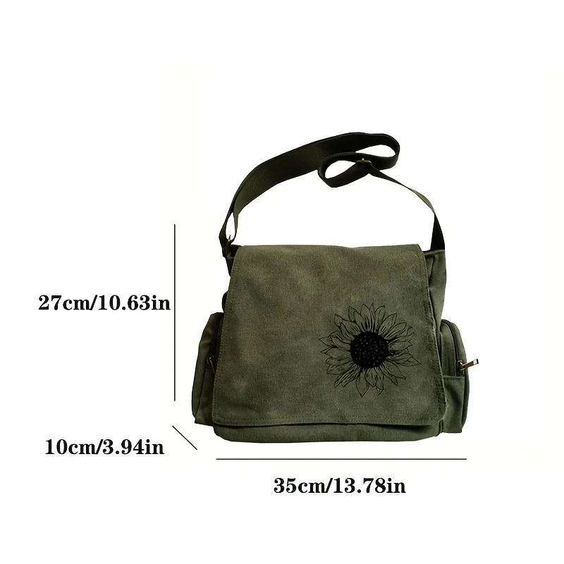 Vintage Women's Bag Sunflower Print Canvas Shoulder Bag Large Capacity Tote Crossbody Book Bag For Students Laptop Bag