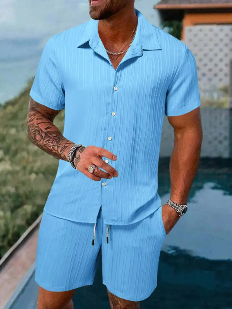 Men's beach suit striped solid color short sleeve shorts shirt Sports casual breathable lightweight high quality men's wear ins 5