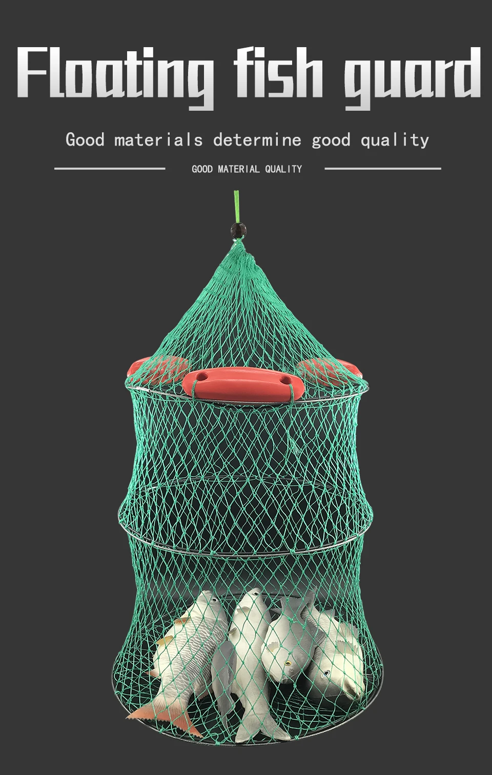 Description Picture 2 of itemThree floating fish protection sea fishing net pocket mesh bagged quick-drying folding fish cage thickened woven fish basket