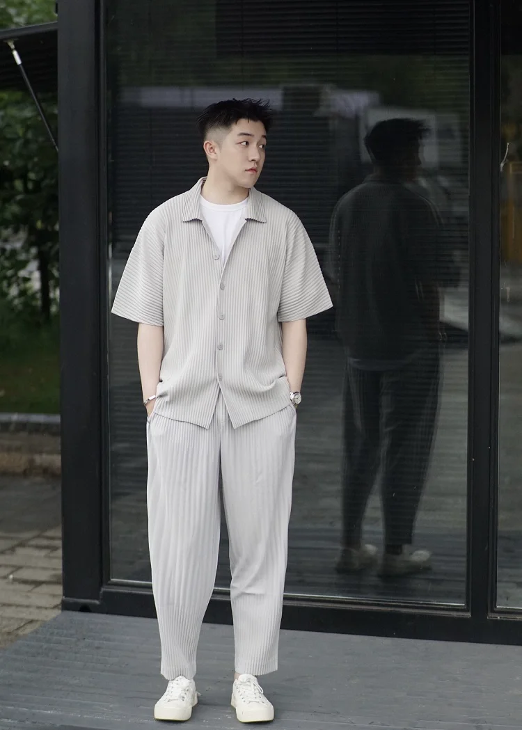 Miyake Pleated Short Sleeve Shirt Casual Solid Color Shirts Summer Button Lapel Top Men 3