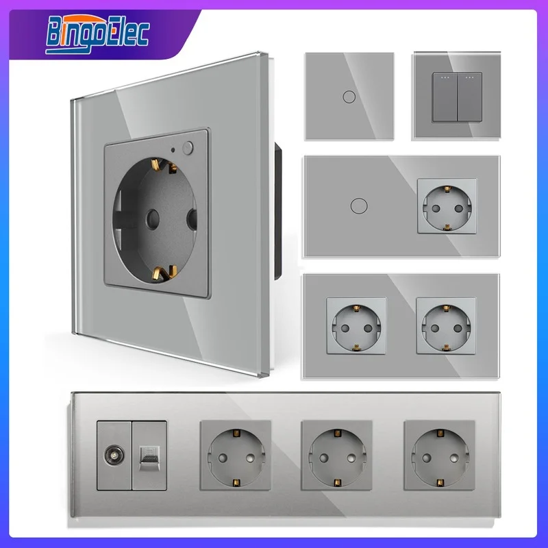 Bingoelec Cinza Interruptor de Luz Inteligente Tomada de Parede Wifi Painel de Cristal Interruptores com Tomadas Melhoria da Casa