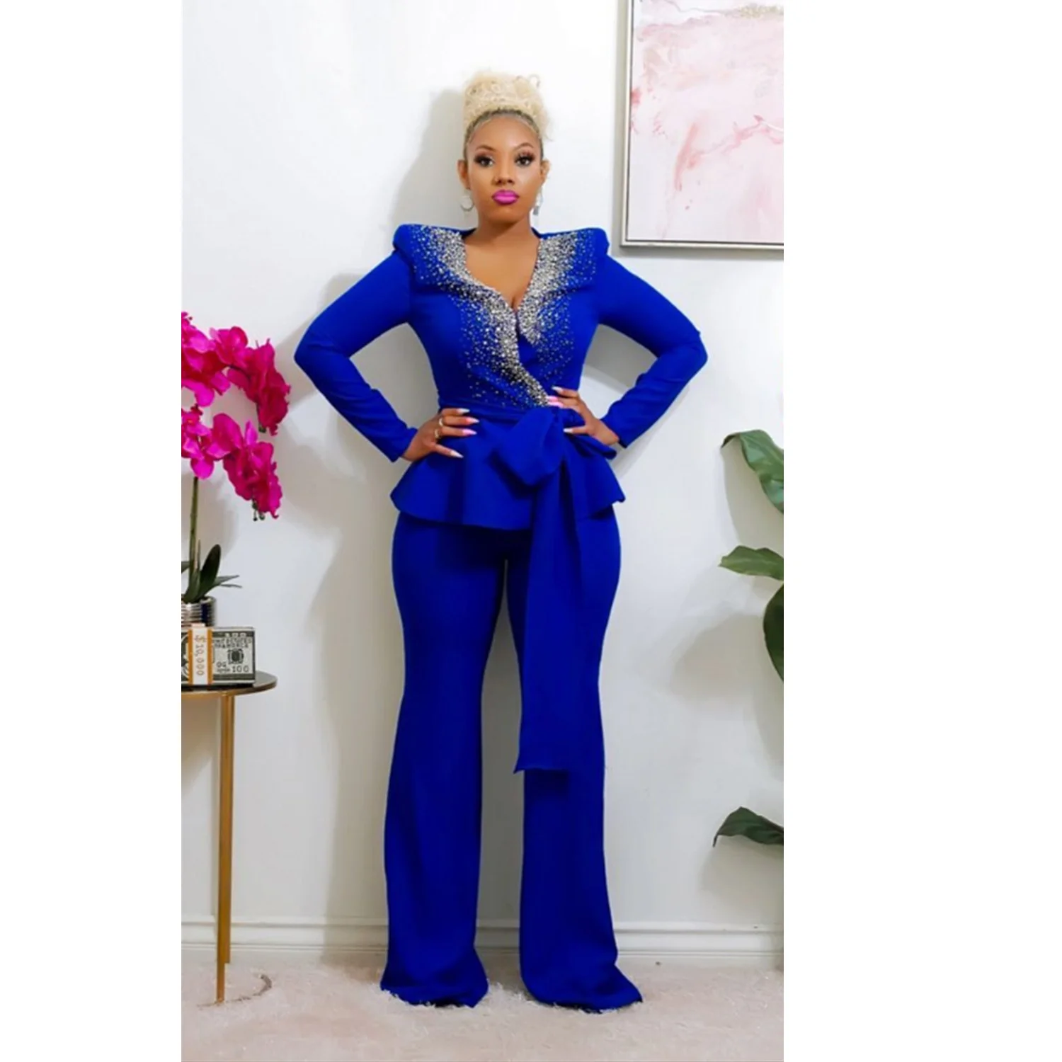 

Zoctuo Fashion Plus Size Blue Blazer Sets Women 2 Piece Outfits 2023 New Shinny Crystal Lace Up Coat And Wide Leg Pants Suits
