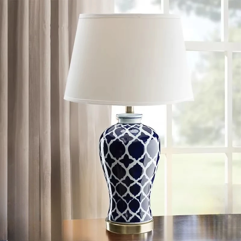 Lampe De Chevet En Céramique Bleue - Style Arts & Crafts, Avec Abat-jour Et Ampoule