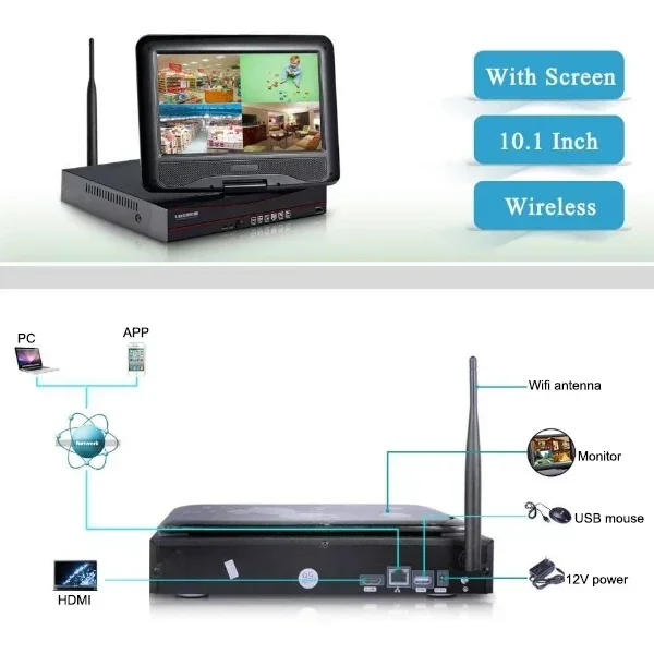 4채널 1080P 와이파이 NVR 및 10.1인치 홈 보안 카메라 시스템 무선