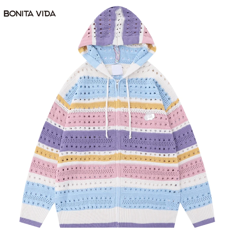 

Hip Hop Hooded Sweater Coat Y2K Harajuku Knitted Rainbow Striped Zipper Cardigan Sweaters Streetwear 2023 Fashion Loose Coats
