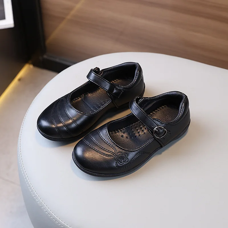 Girls Princess Leather Shoes School Versatile Children Uniform Flat Shoes Embroidered Performance
