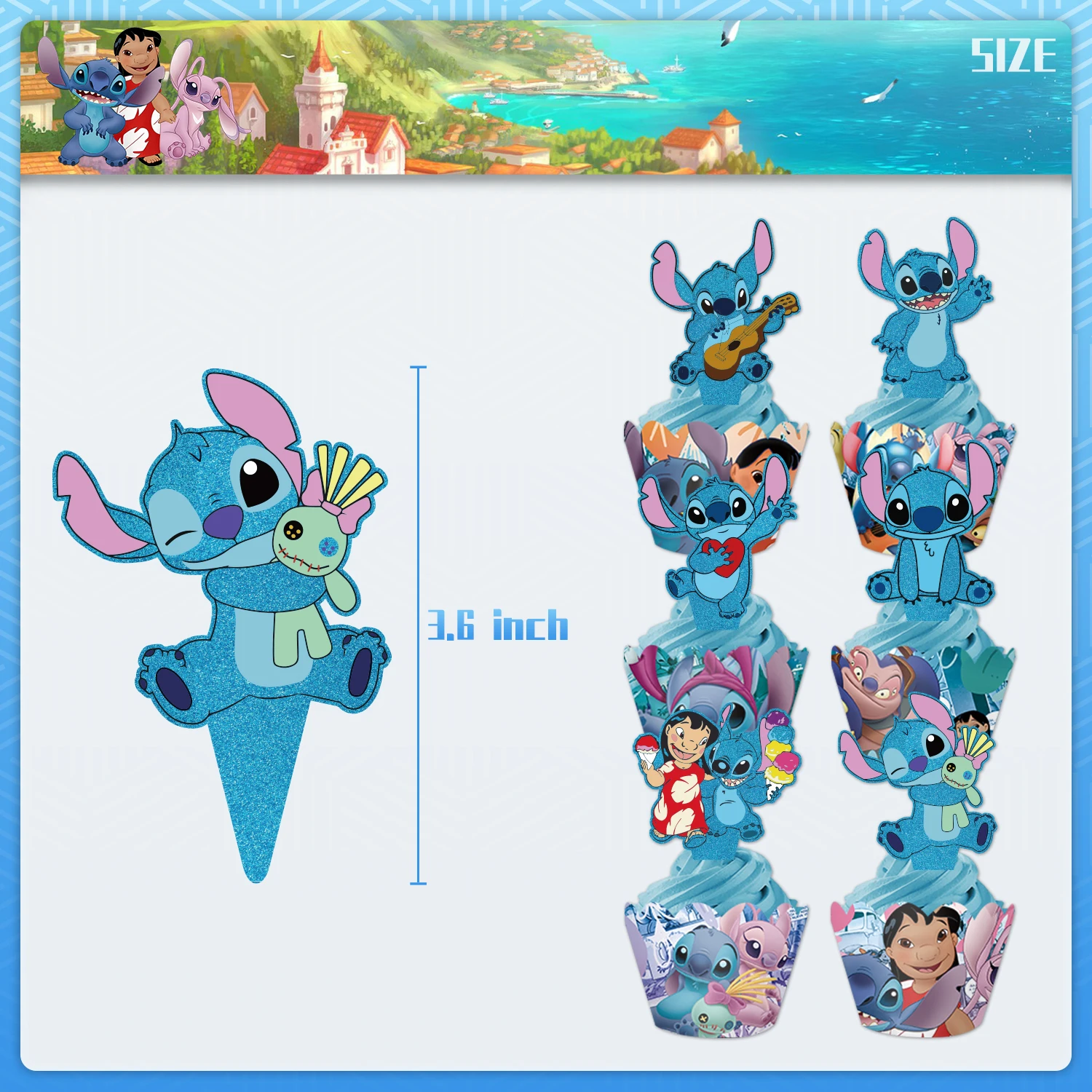 Description Picture 5 of itemLilo & Stitch Blue Glitter Cake Toppers Kids Favor Party Cake Topper Cupcake Topper for Kid Birthday Baby Shower Stitch Supplies