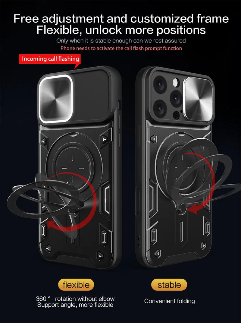 Ultimate Shockproof Armor Phone Case with Slide Lens Protector and Ring Holder Back Cover