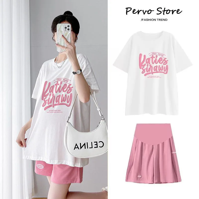 Summer Thin Maternity Suit Short Sleeve Maternity T-Shirt over Shorts Ice Silk Plus Fat Size T-Shirt
