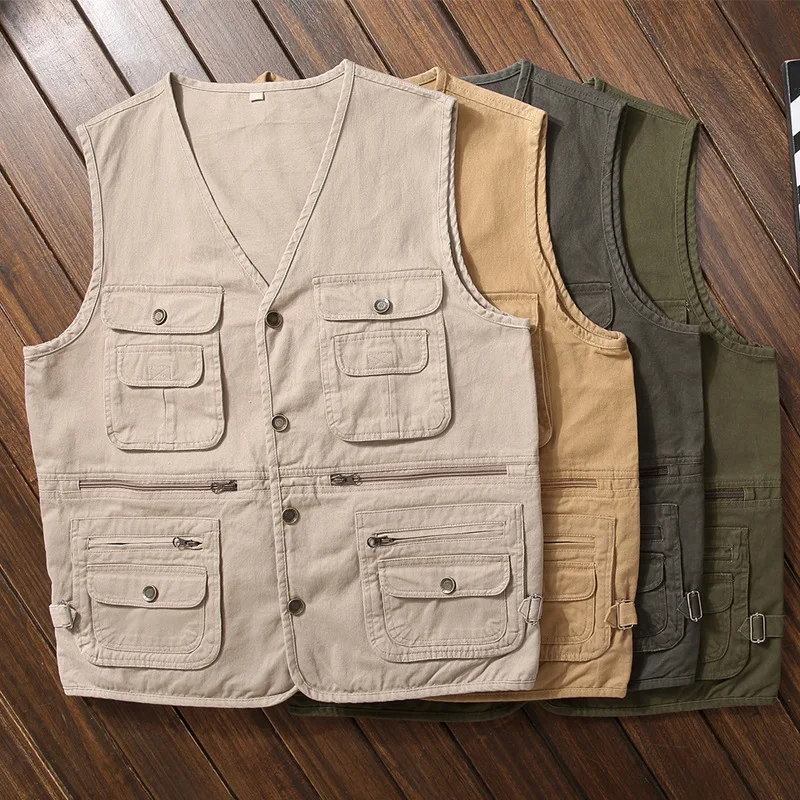 Cotton Vest Men Multi-pocket Plus Size Waistcoat Sleeveless Jacket Military Vintage Men Clothing Outdoor Workwear Fishing Hiking men s and women s orange outdoor vest jacket sleeveless zip workwear fishing waistcoats durable and functional