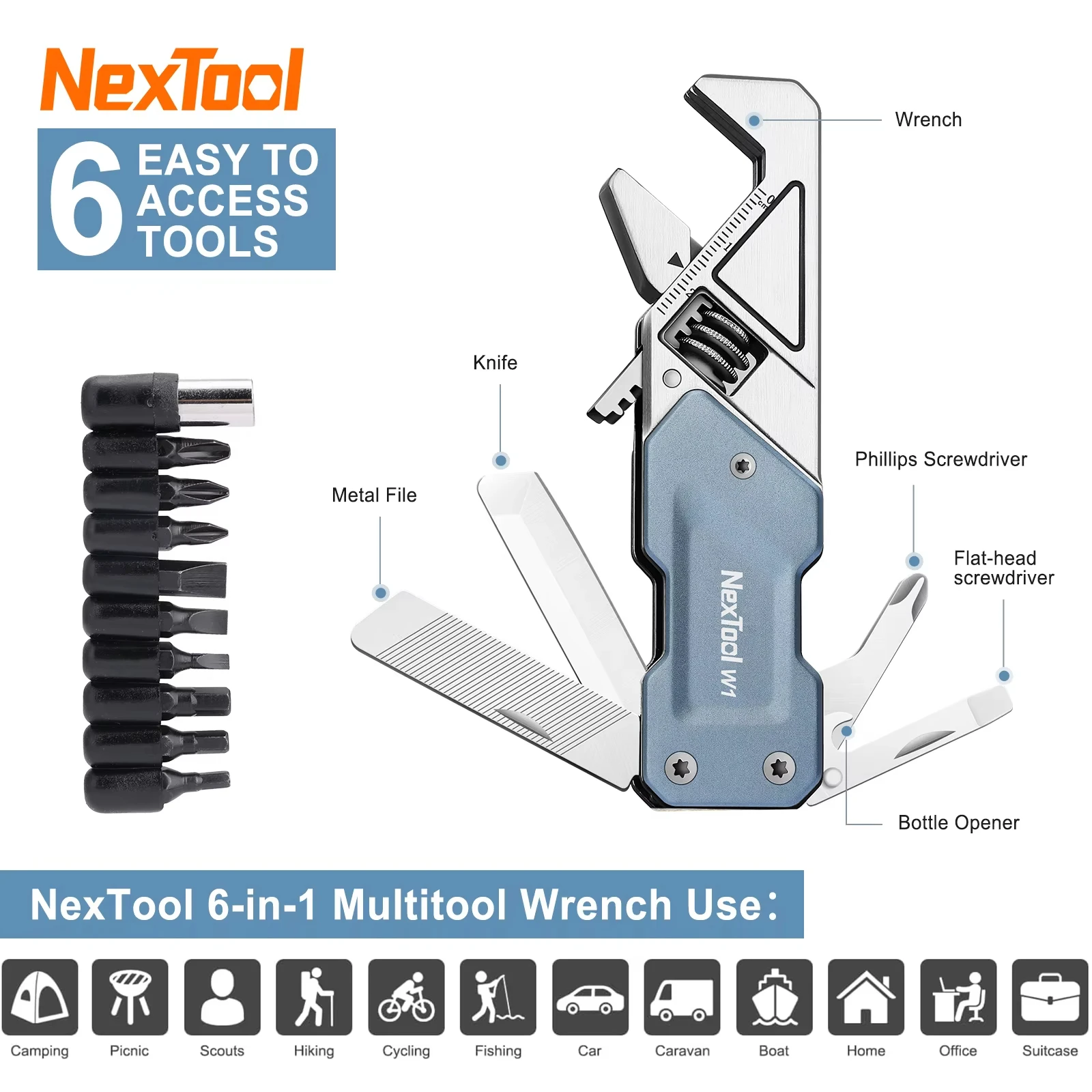 NexTool 라이트 렌치 W1 야외 다기능 도구 6-in-1 휴대용 접이식 칼 조절 가능한 미니 드라이버 야외 도구