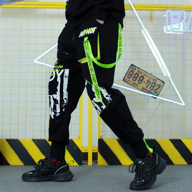 

High Quality Trend Hip-Hop Multi-Pocket Functional Casual Pants Elastic Waist Harem Pants Overalls Print Stitching Streamers