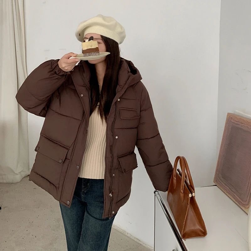 

Fashion Hooded Cotton-padded Jacket Women Winter College Style Pocket Thick Coat Female Casual Y2k All Match Outwear Clothes New