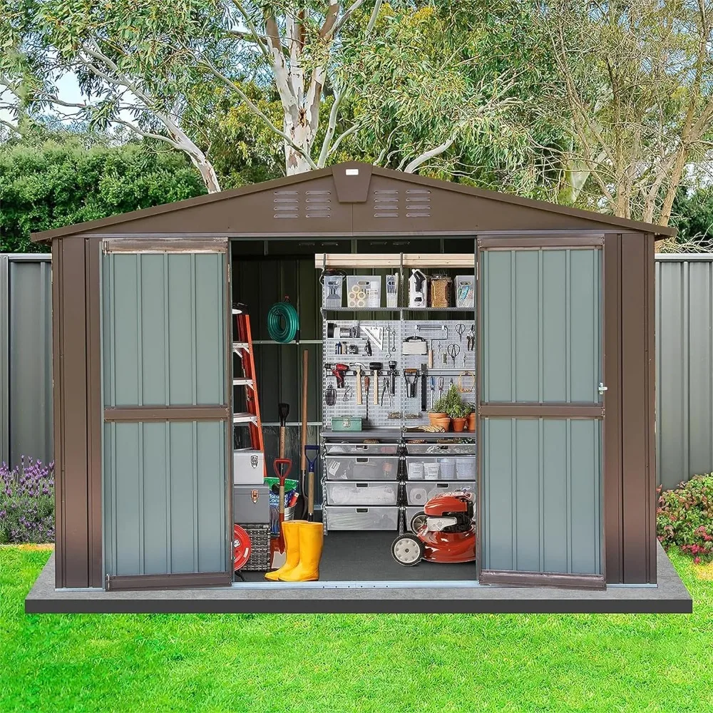 

Sheds Outdoor Storage Booth Brown 10x8 Ft Metal Outdoor Tool House Waterproof for Garden Patio Lawn Shed Buildings Supplies Home