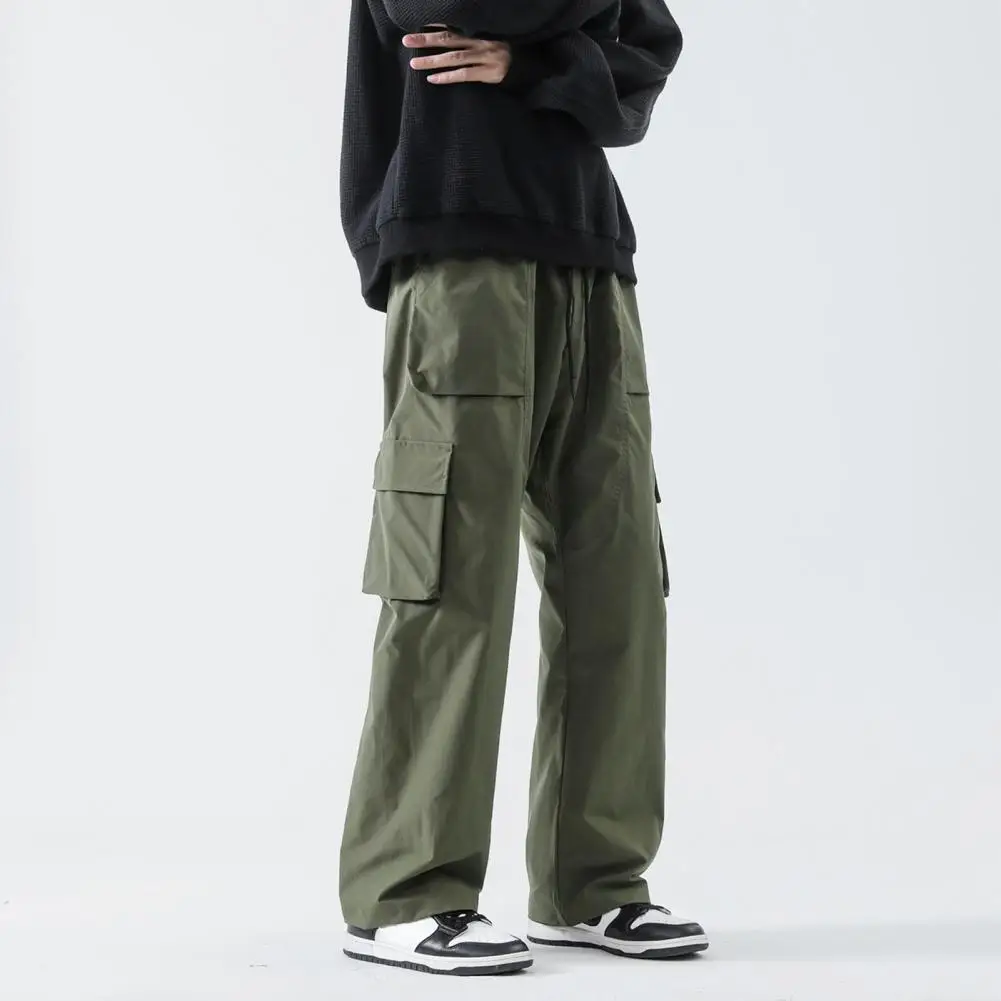 Description Picture 6 of itemStraight-cut Pants Cargo Trousers Men's Elastic Drawstring Cargo Pants with Pockets Solid Color Straight Leg for Streetwear
