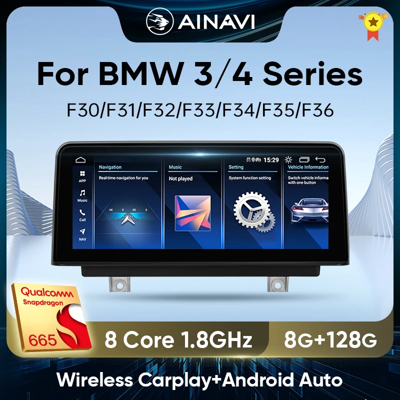 Ainavi 10.25 Inch Wireless Carplay For BMW 3/4 Series F30/F31/F32/F33/F35/F36  Car Radio Android Auto Multimedia Player NBT EVO